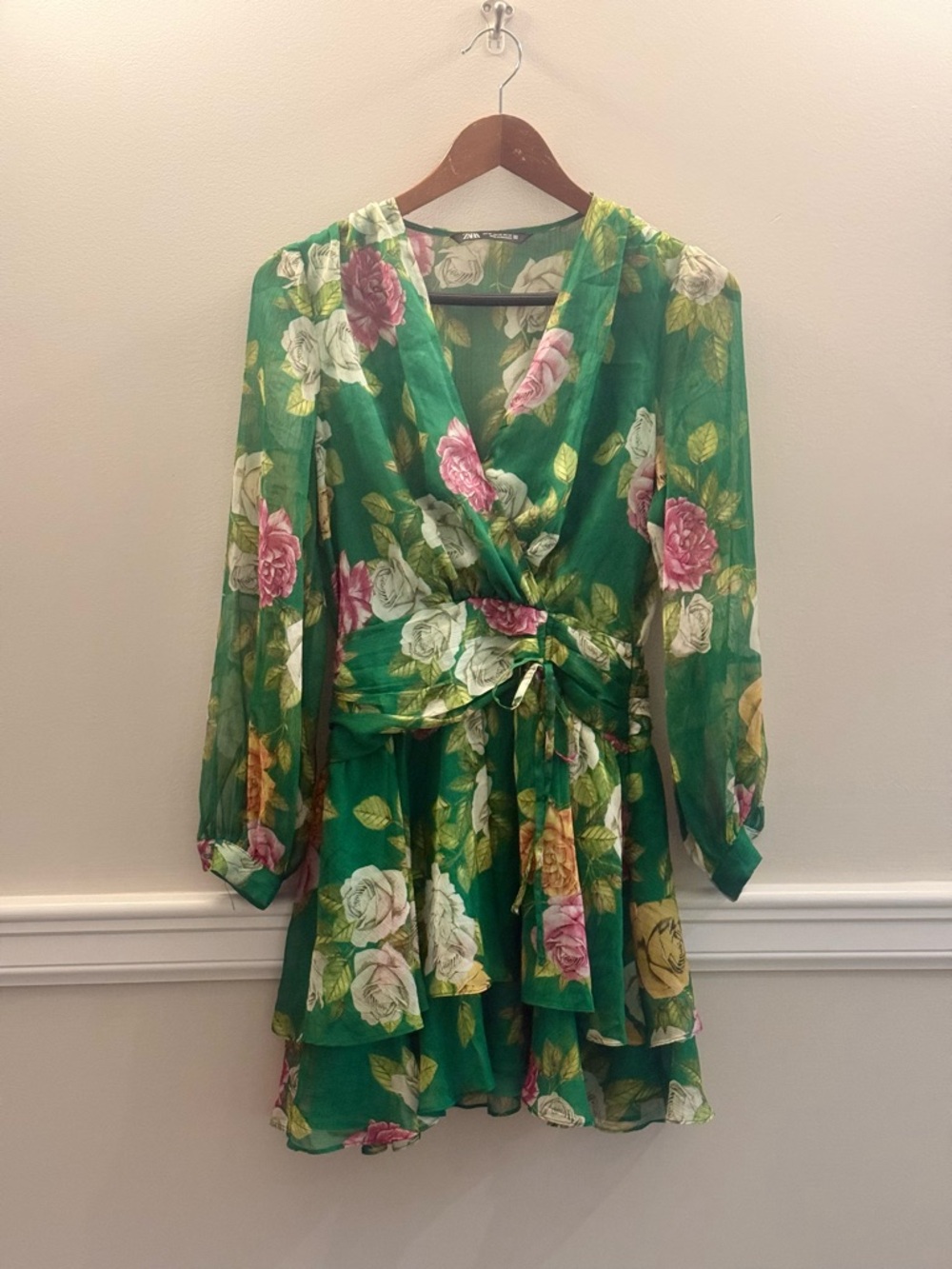 Zara Green Floral Mini Dress with Pink & White Roses